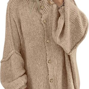 Oversized Button-Front Chunky Knit Sweater - Beige, Size Small